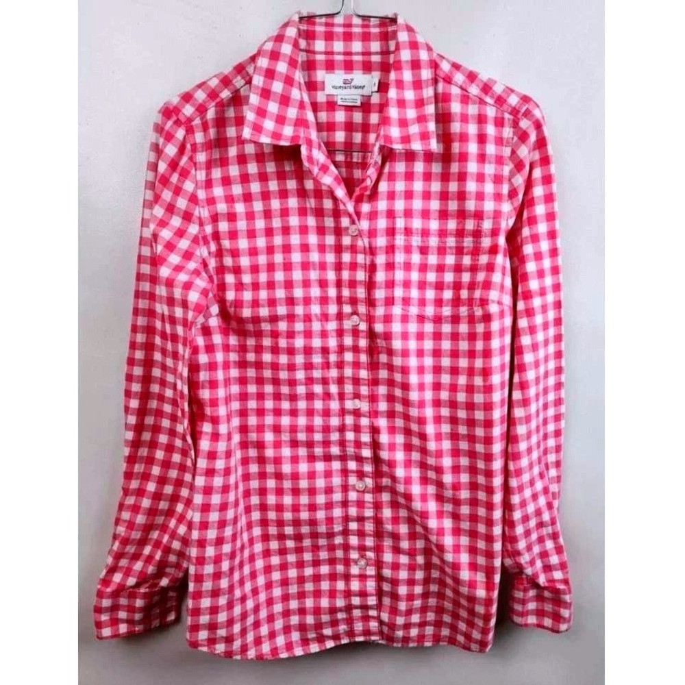 Vineyard Vines Button Up Shirt Womens 6 Pink Gingham Preppy Whale Logo Cotton